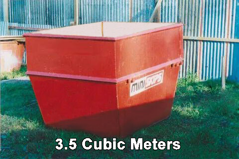 The red 3.5 cubic metre Canterbury Mini Skips bin with the white mini SKIPS decal on its side