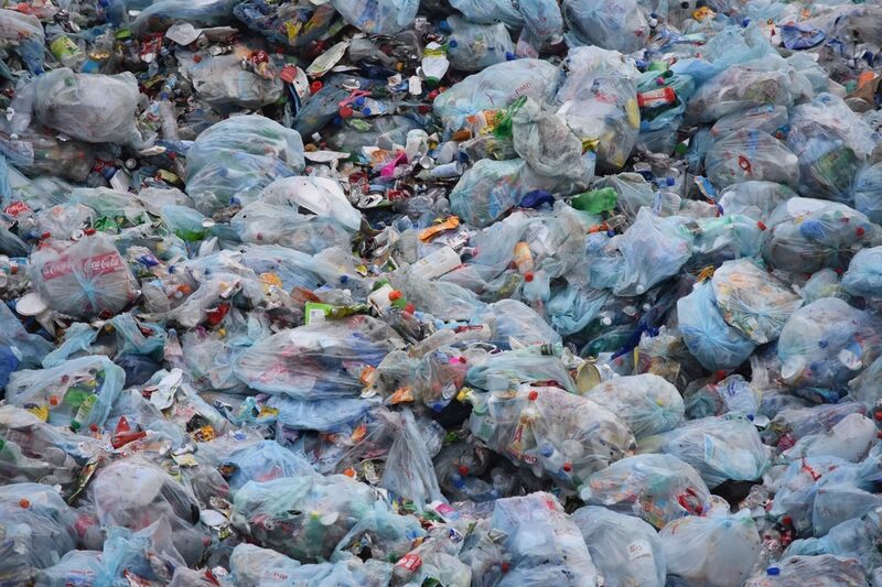Clear plastic rubbish bags full of general household waste stacked for collection